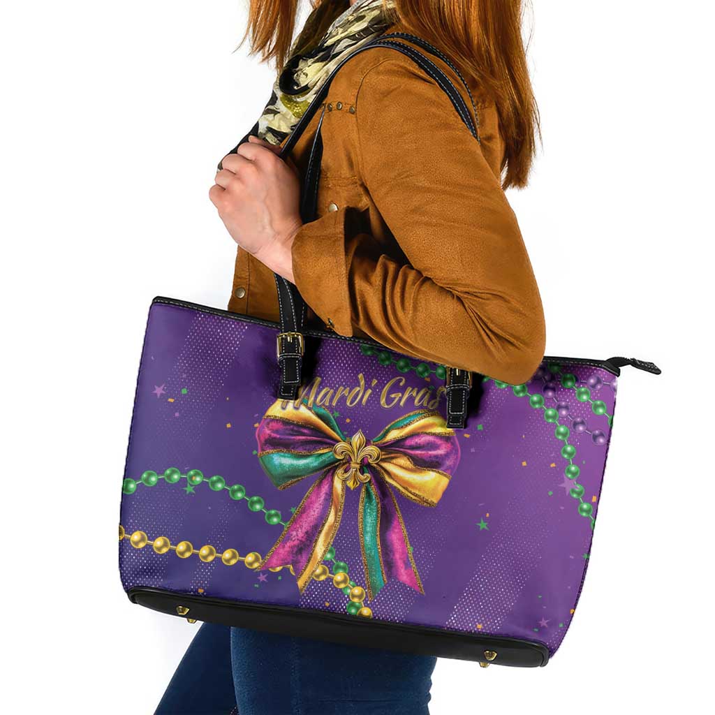 Purple Mardi Gras tote bag with multicolor bow motif and glittery details, side view