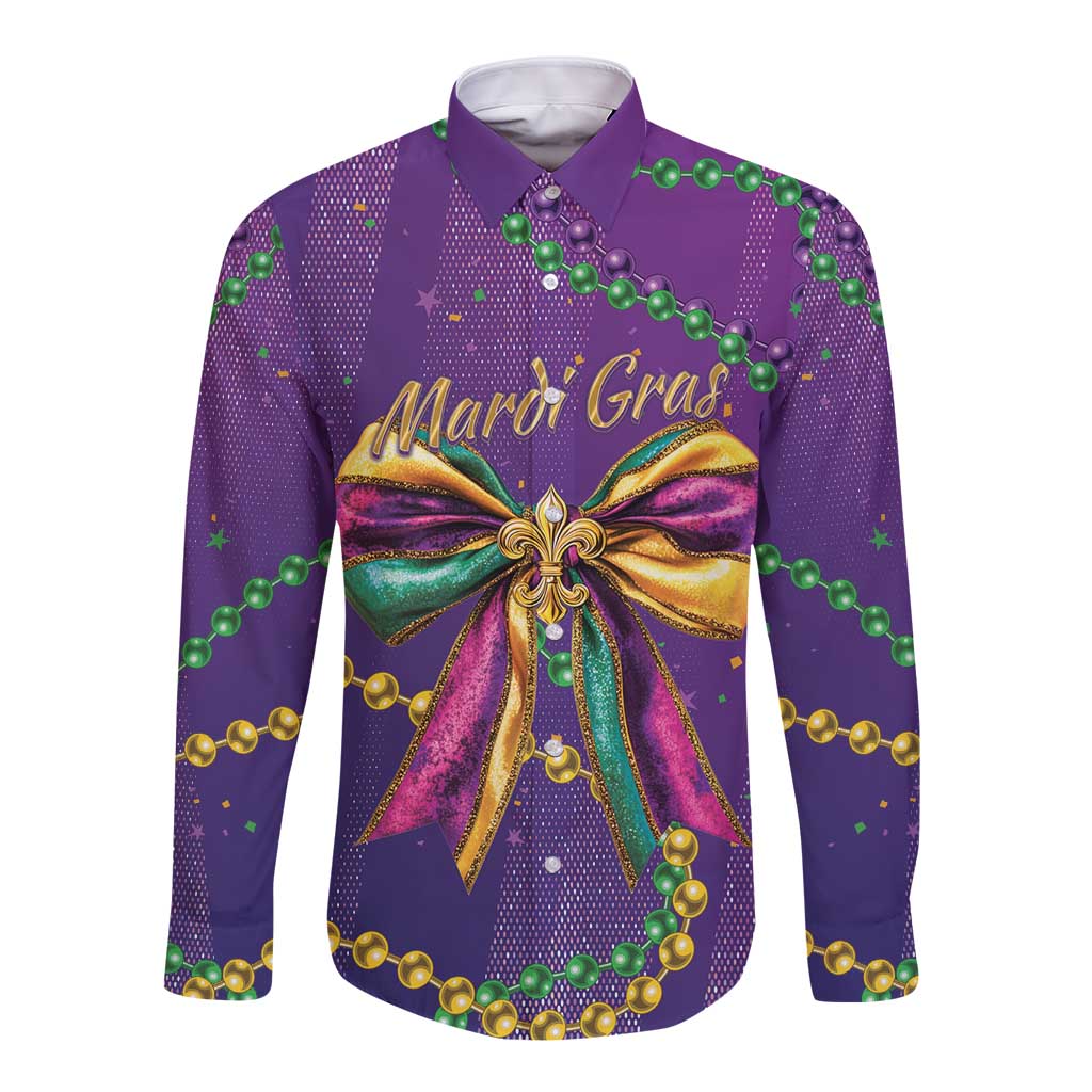 Purple long-sleeve button shirt with Mardi Gras text, glitter bow and bead garlands