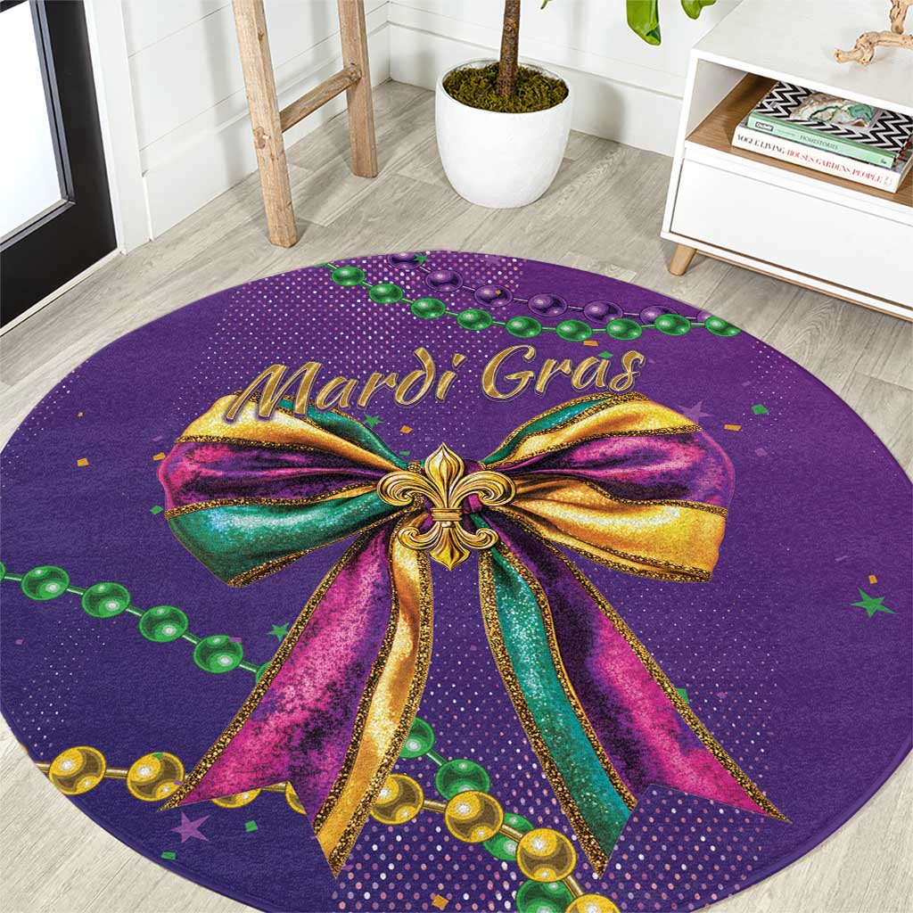 Round Mardi Gras purple rug with glitter bow and beaded garlands motifs