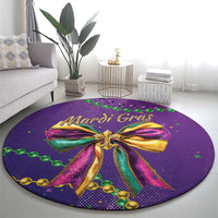 Round Mardi Gras purple area rug with gold glitter bow and green bead strings