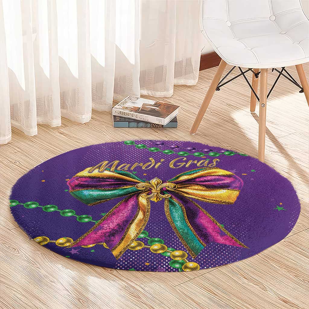 Round Mardi Gras purple rug with centered glitter bow and green bead garlands