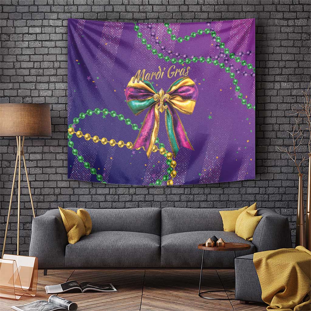 Purple Mardi Gras tapestry with multicolor bow and green/gold bead garland motifs