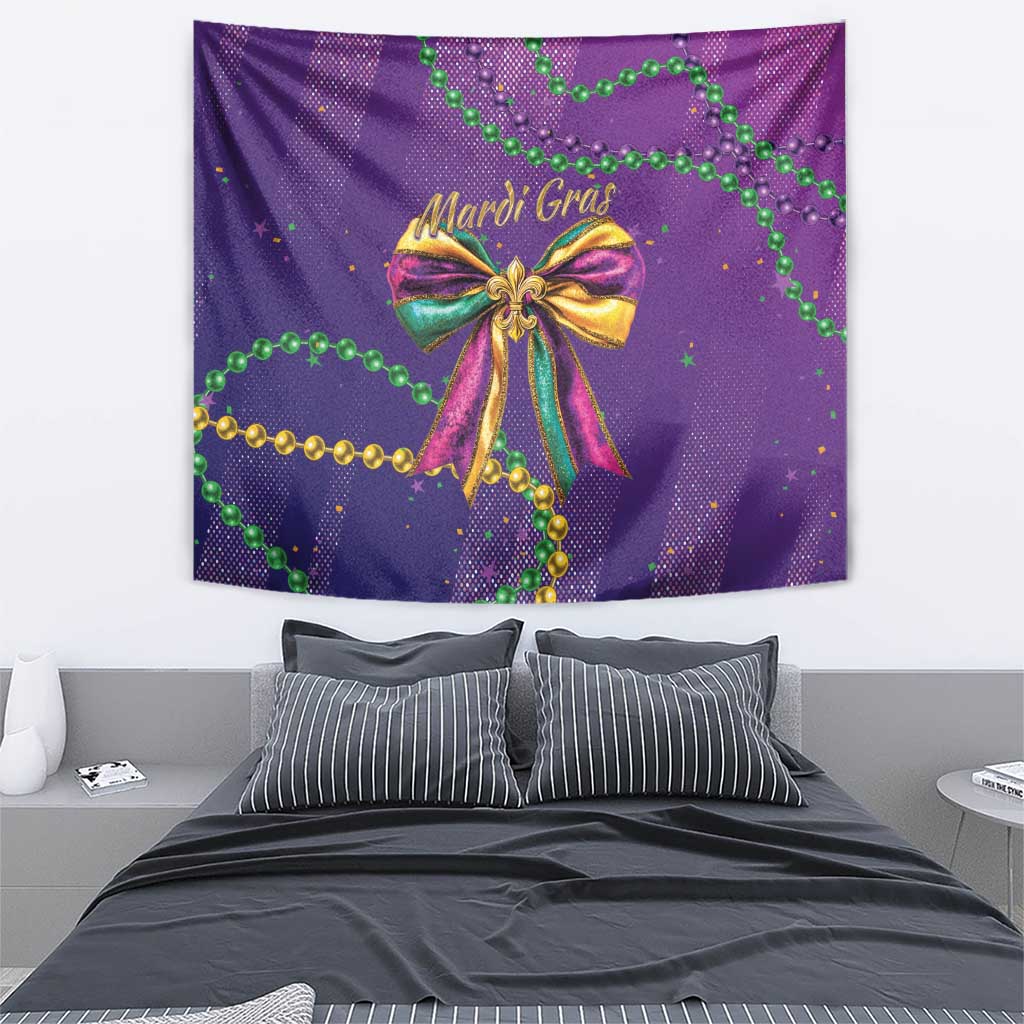 Purple Mardi Gras wall tapestry with multicolor bow and green bead garland print
