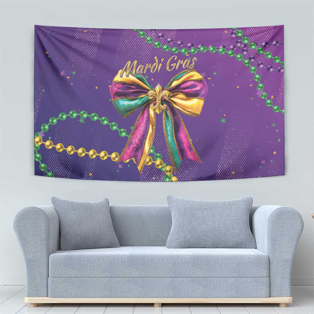 Purple Mardi Gras tapestry with bold bow design and green/gold bead chain accents