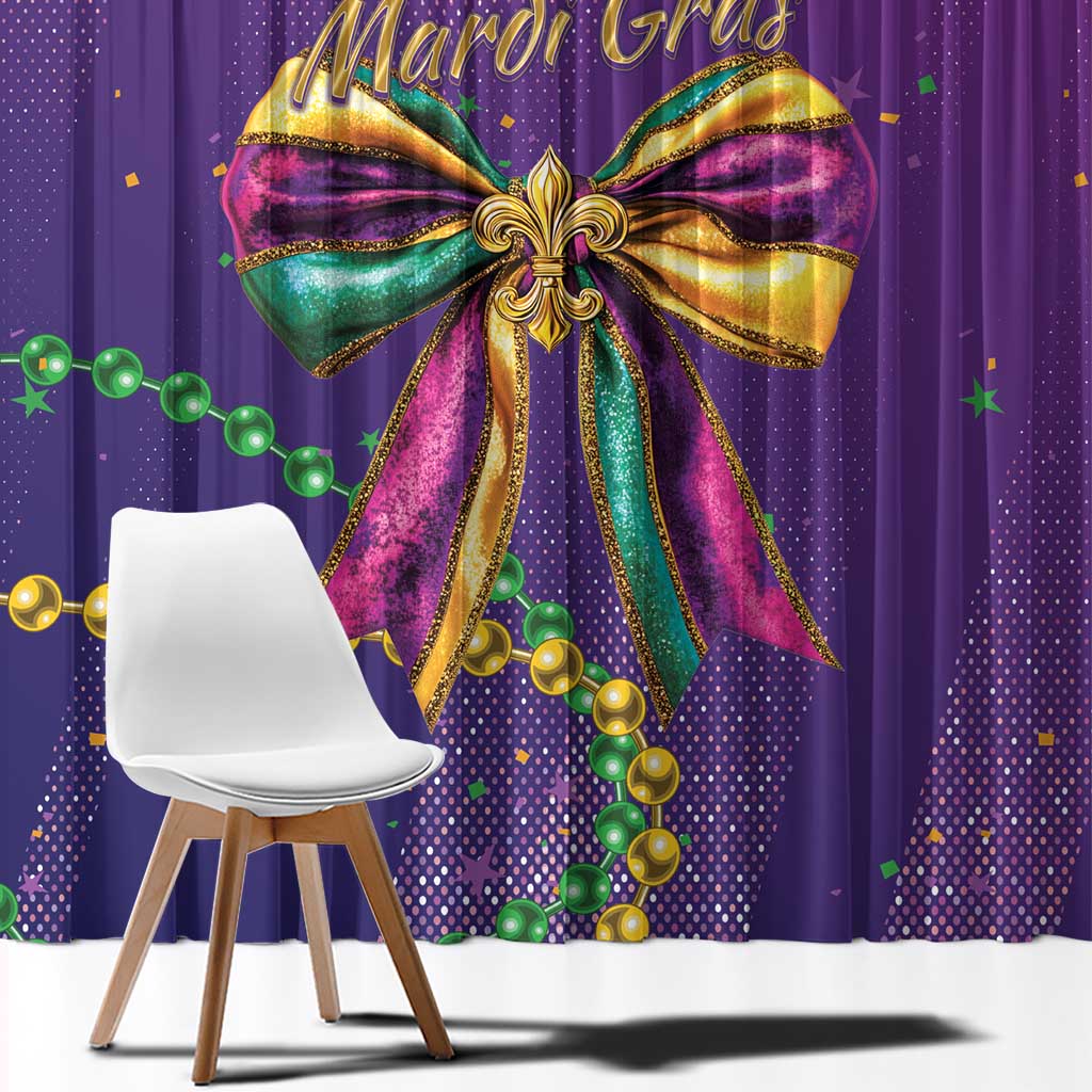 Purple glitter curtain with oversized multi-color bow and green-and-gold bead trim