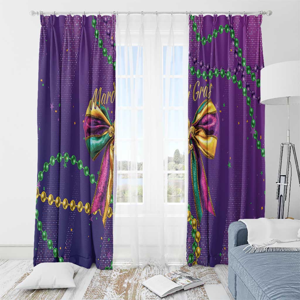 Purple glitter curtain panels with bow artwork, green bead chains, and gold beaded border line