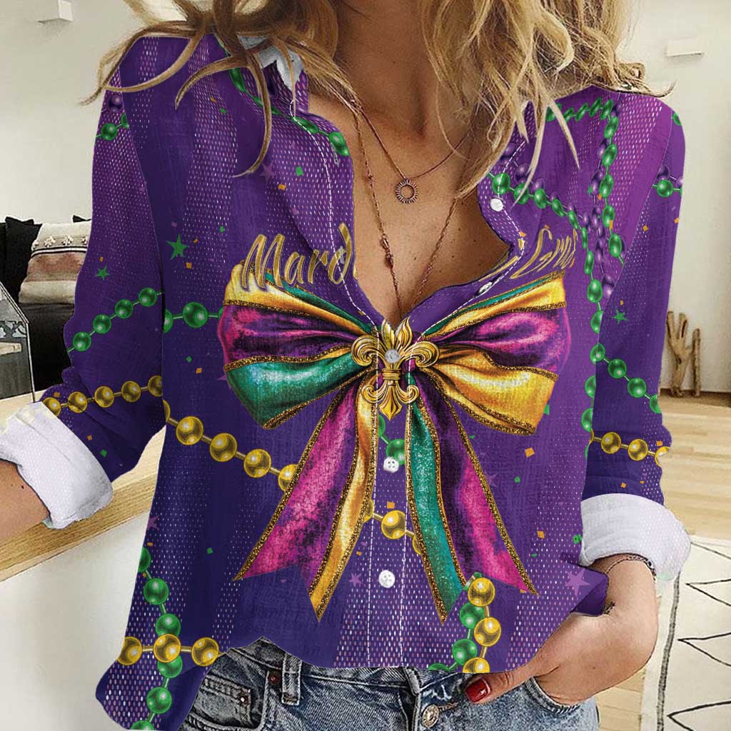 Mardi Gras Women Casual Shirt Coquette Bow Glitter Motifs