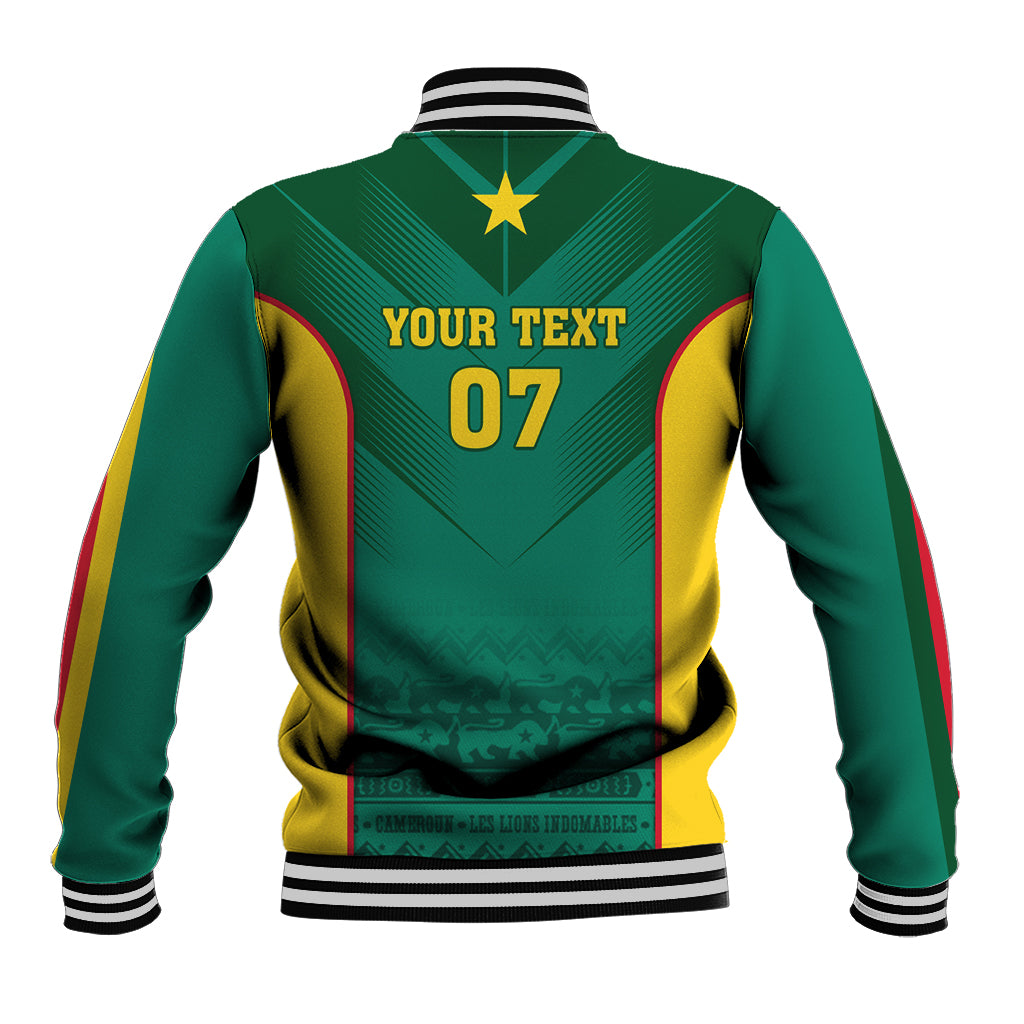 Back of green baseball jacket with yellow accents, ribbed collar and hem, 'YOUR TEXT 07'