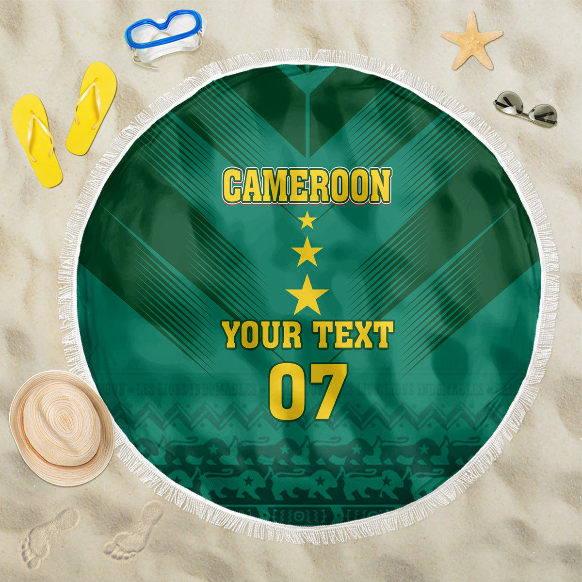 Round green Cameroon beach blanket with yellow 'YOUR TEXT 07' and star emblem, fringed