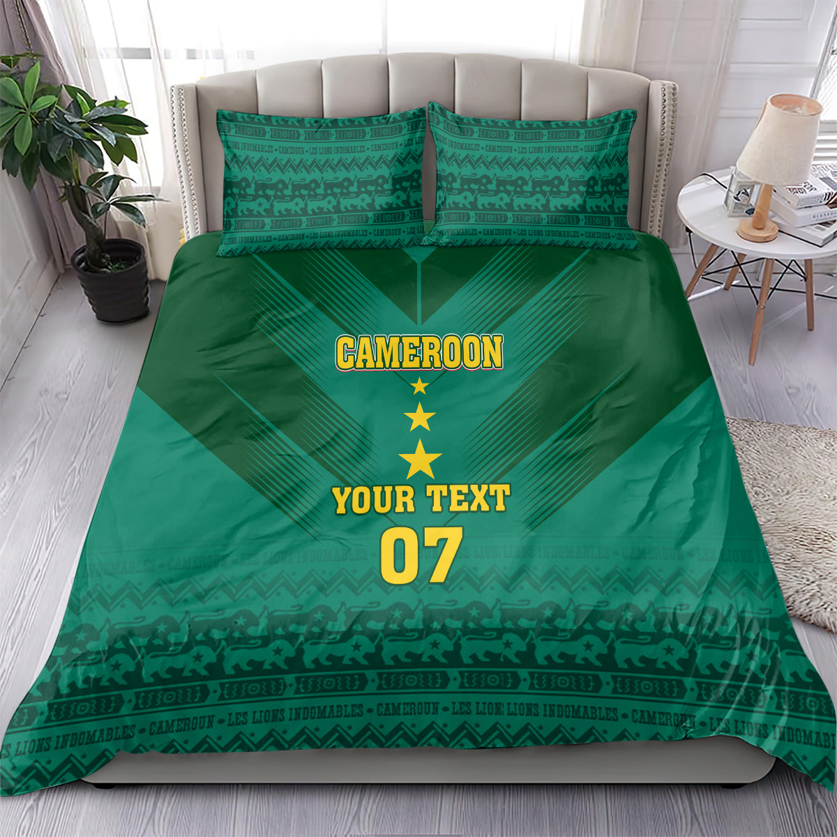 Green Cameroon bedding set on upholstered bed; duvet reads 'YOUR TEXT' and '07'
