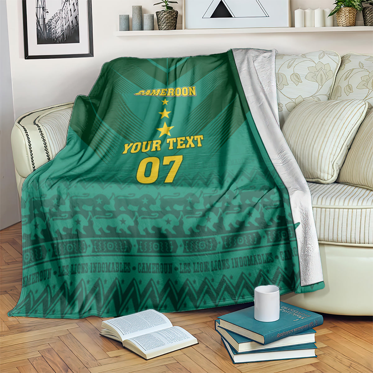 Green Cameroon football blanket with “CAMEROON”, stars, “YOUR TEXT”, and “07” on it