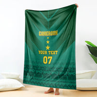 Green Cameroon football blanket standing display, “CAMEROON”, stars, “YOUR TEXT”, “07”