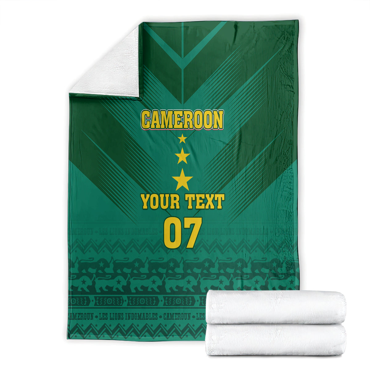 Green Cameroon football blanket front view with “CAMEROON”, stars, “YOUR TEXT”, “07”
