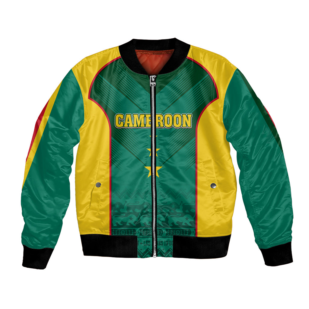 Green and yellow bomber jacket with black ribbed collar, front zip, Cameroon graphic