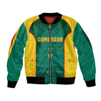 Green and yellow bomber jacket with black ribbed collar, front zip, Cameroon graphic