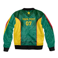 Green bomber jacket back with yellow side panels, star, 'YOUR TEXT' and '07', ribbed hem