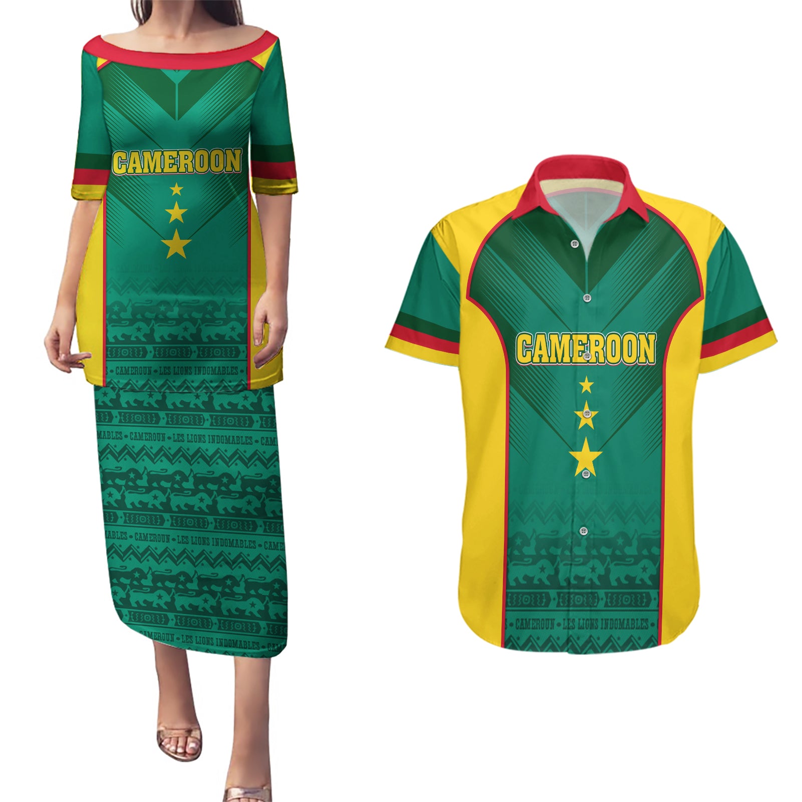 Custom Cameroon Football Couples Matching Puletasi and Hawaiian Shirt Nations Cup 2024 Les Lions Indomptables LT7 - Wonder Print Shop