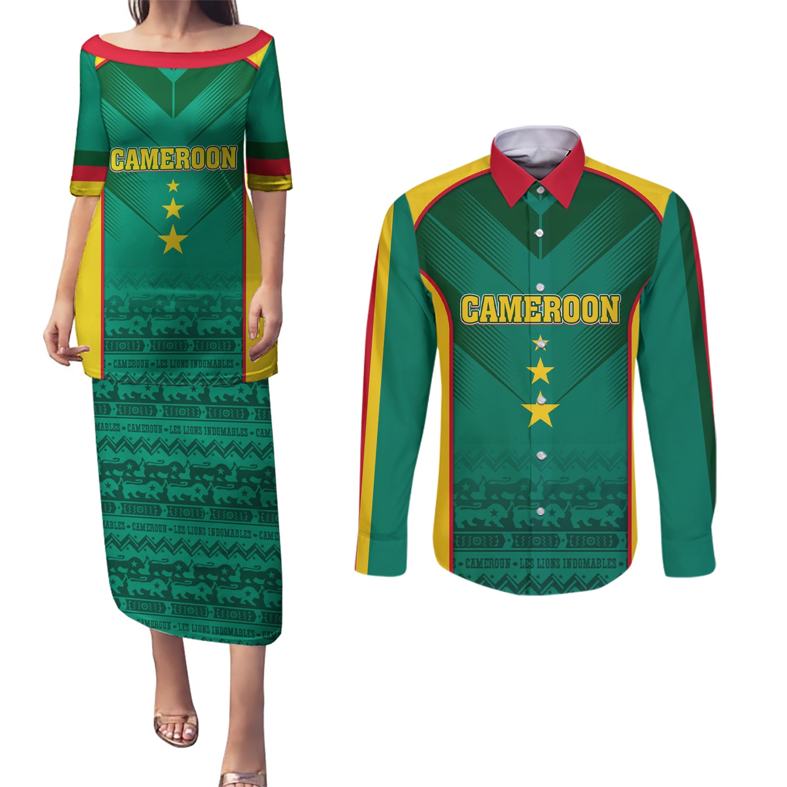 Custom Cameroon Football Couples Matching Puletasi and Long Sleeve Button Shirt Nations Cup 2024 Les Lions Indomptables LT7 - Wonder Print Shop