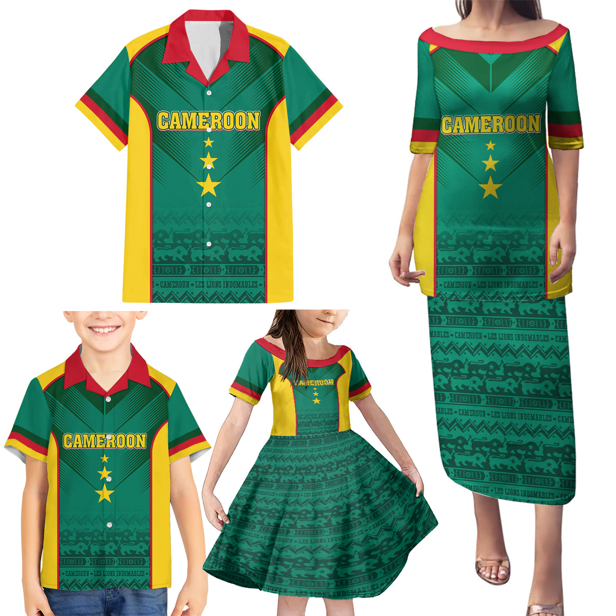 Custom Cameroon Football Family Matching Puletasi and Hawaiian Shirt Nations Cup 2024 Les Lions Indomptables - Wonder Print Shop