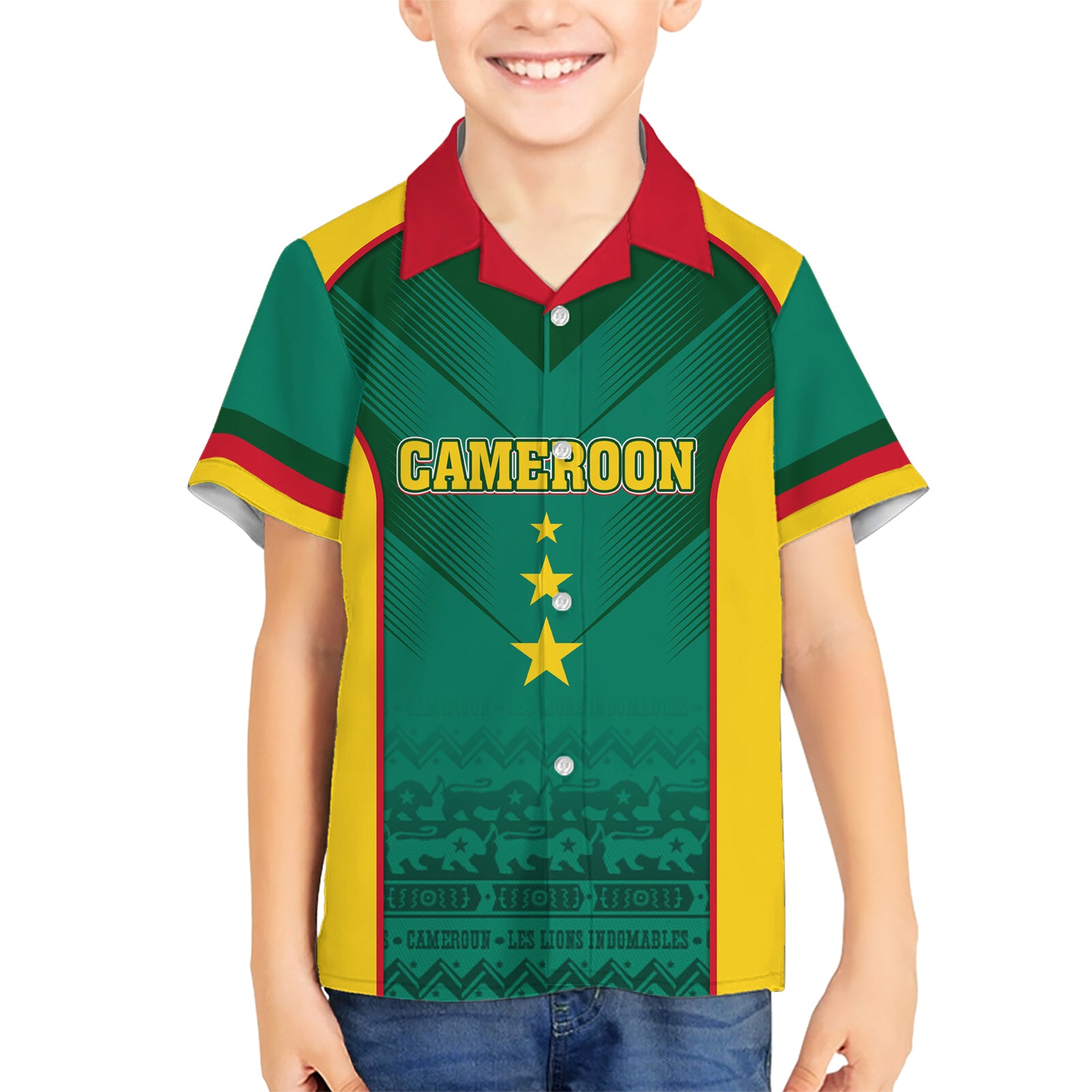 Custom Cameroon Football Kid Hawaiian Shirt Nations Cup 2024 Les Lions Indomptables - Wonder Print Shop