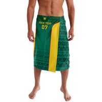 Green Cameroon football lavalava with yellow side panel and number 07 front