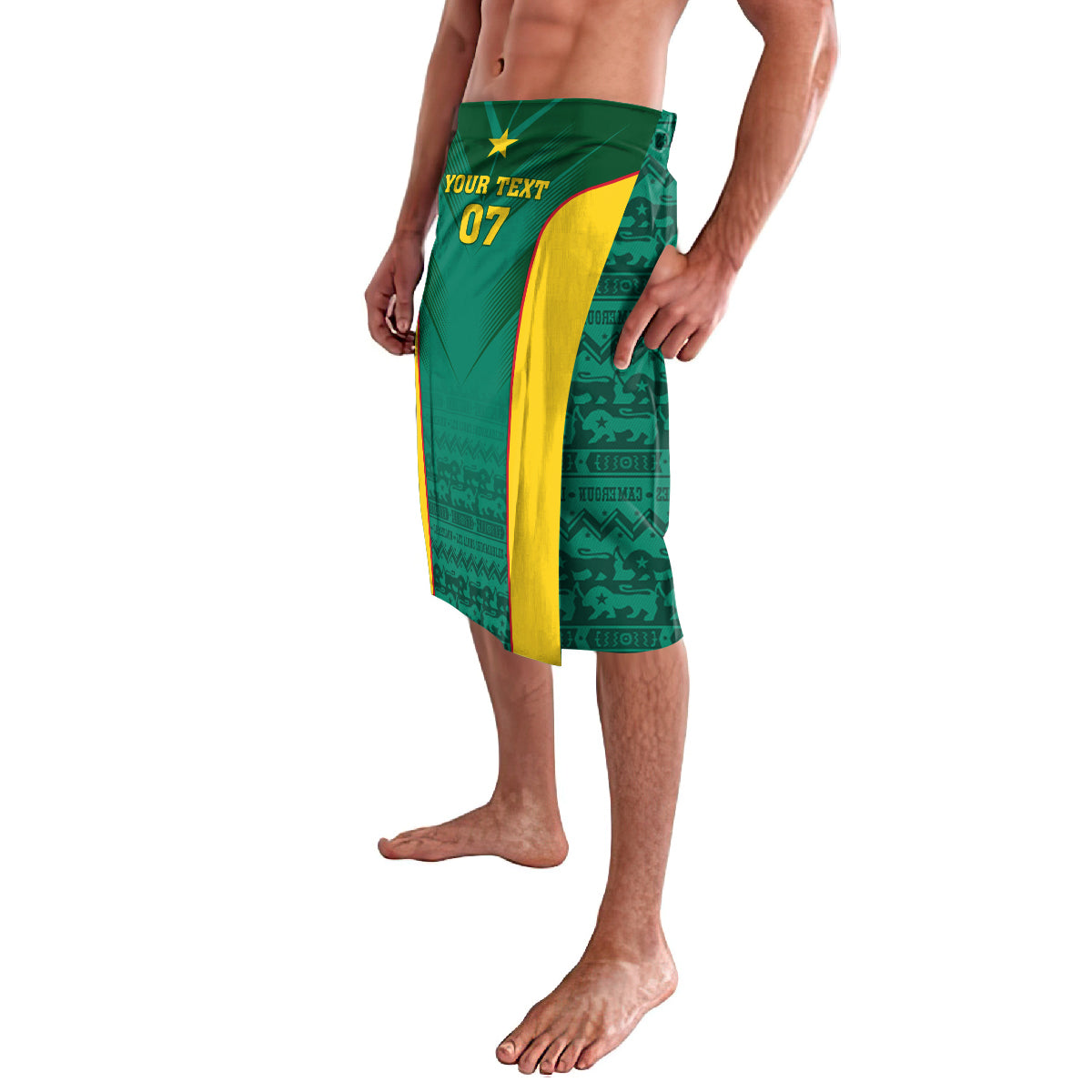 Green Cameroon football lavalava with yellow vertical panel in side view