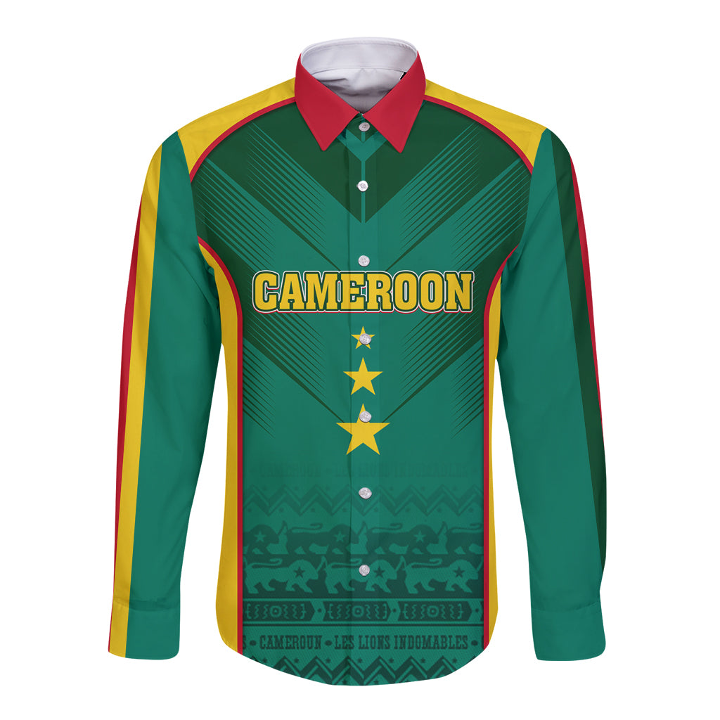 Green long-sleeve football button shirt with red collar, yellow Cameroon text and stars
