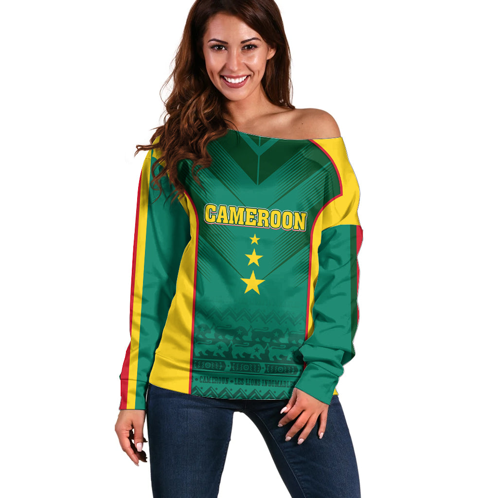 Custom Cameroon Football Off Shoulder Sweater Nations Cup 2024 Les Lions Indomptables - Wonder Print Shop