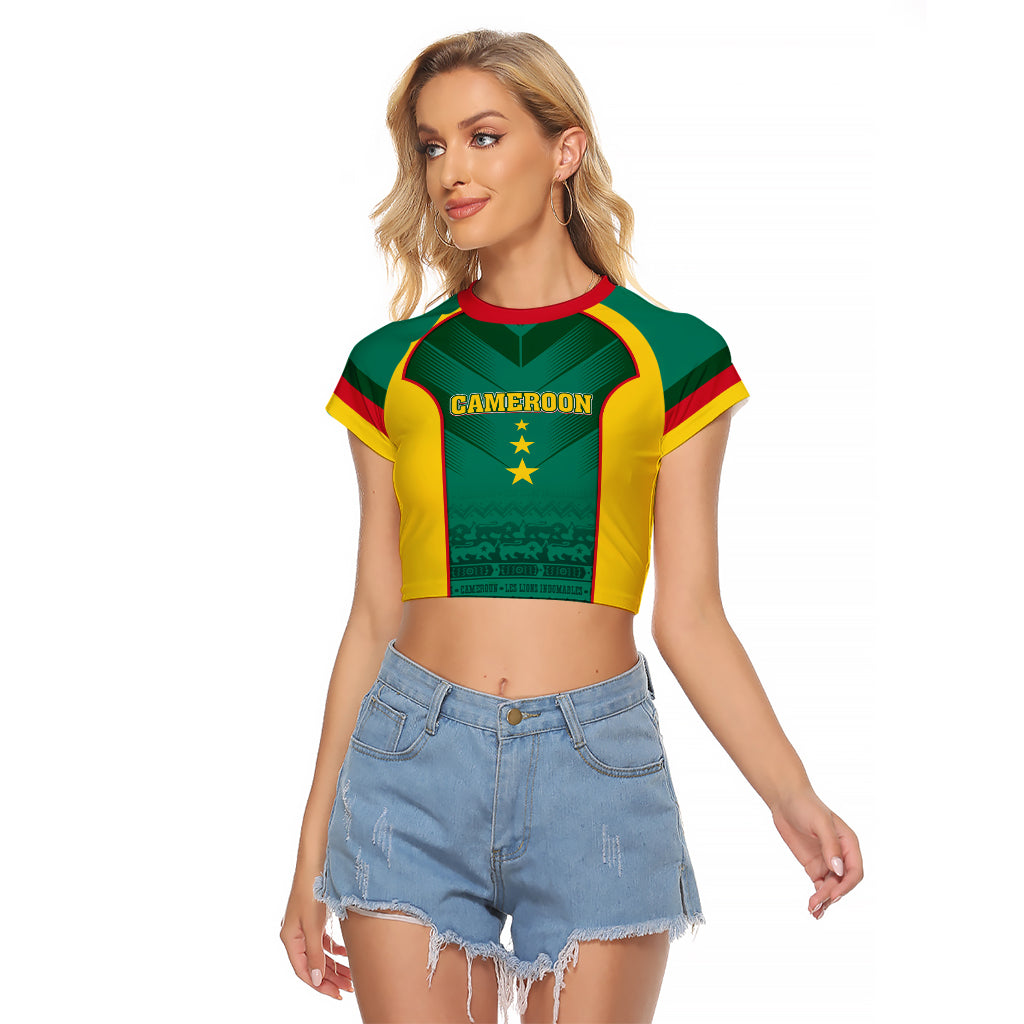 Custom Cameroon Football Raglan Cropped T Shirt Nations Cup 2024 Les Lions Indomptables - Wonder Print Shop