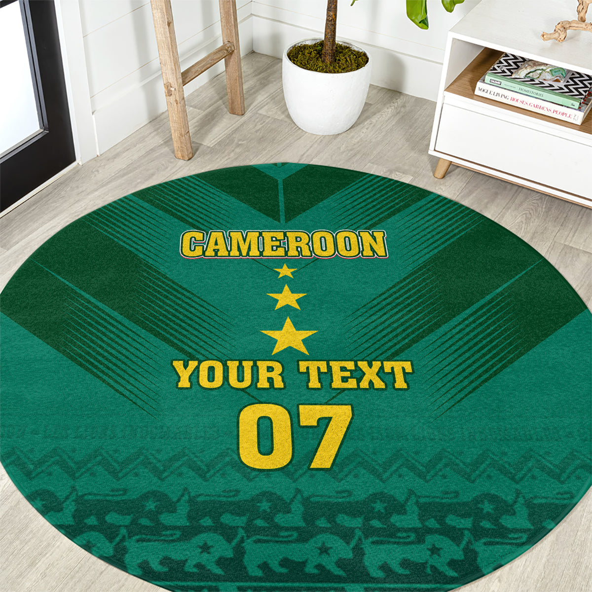 Green round football rug design with CAMEROON, three stars, 'YOUR TEXT' and 07