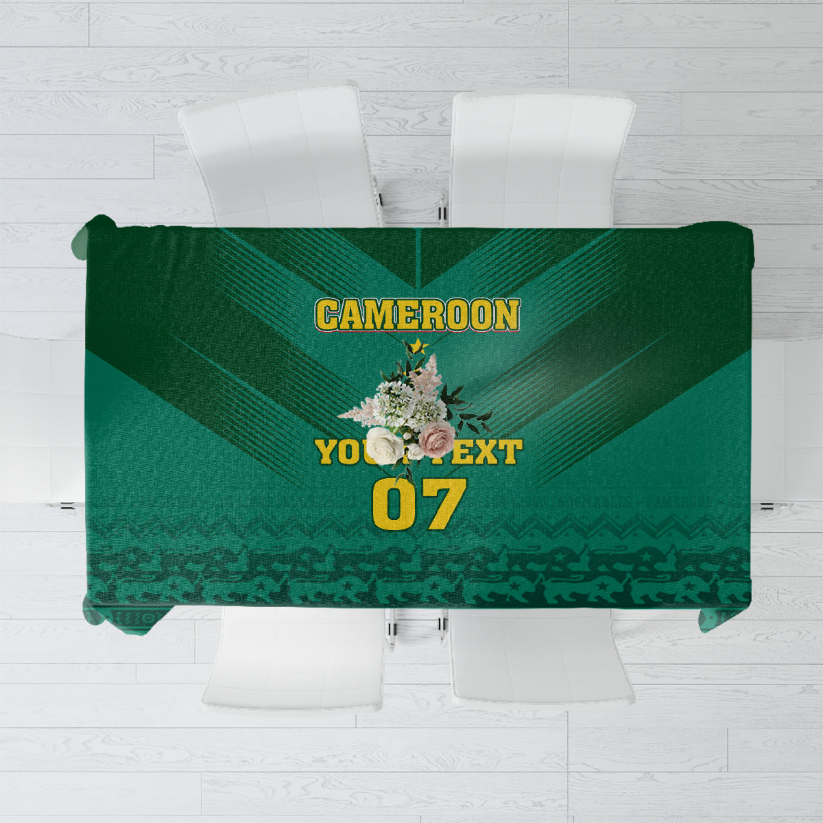 Green Cameroon football tablecloth with CAMEROON and “YOU NEXT” 07 graphic, on chairs