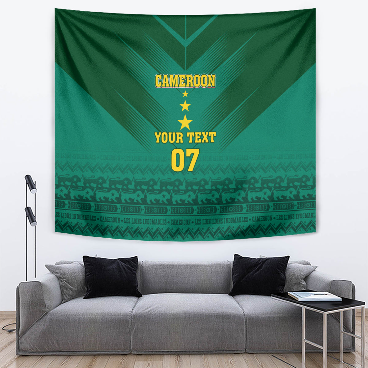 Green Cameroon-themed football tapestry with CAMEROON, your text, and 07 design