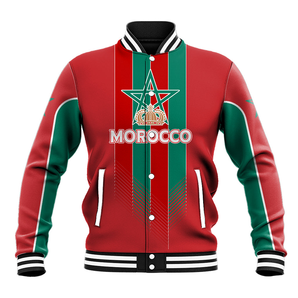 Red and green Morocco football varsity baseball jacket, front graphic and striped ribbed trim
