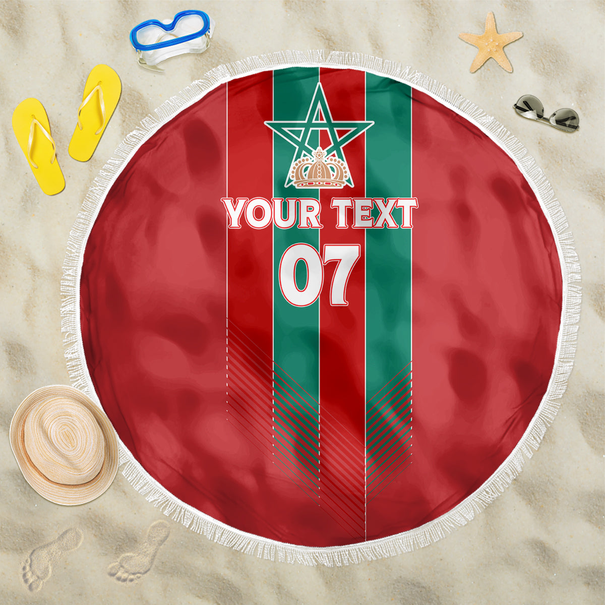 Red round beach blanket with green-and-white vertical stripes and fringed edge