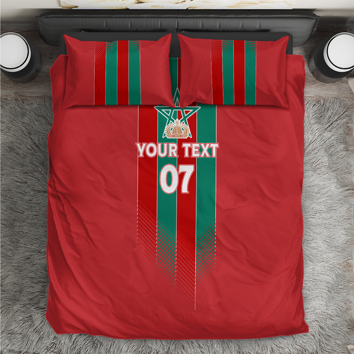 Red bedding set with green-striped emblem panel and '07' on duvet and pillowcases