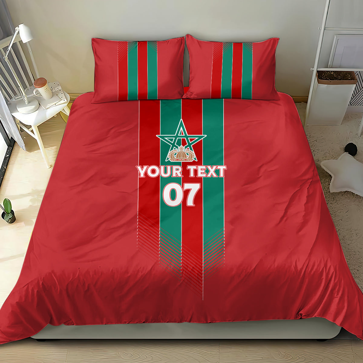 Red bedding set with green-striped emblem panel and '07' on duvet, two red pillow shams
