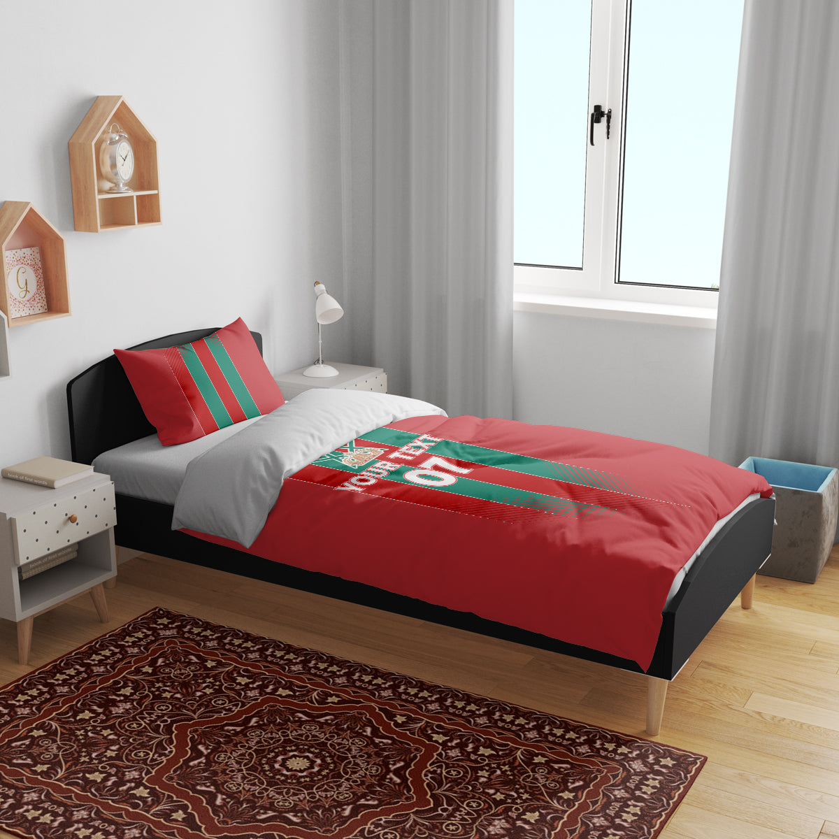 Red duvet bedding set with green-striped emblem and '07' center print, two pillowcases