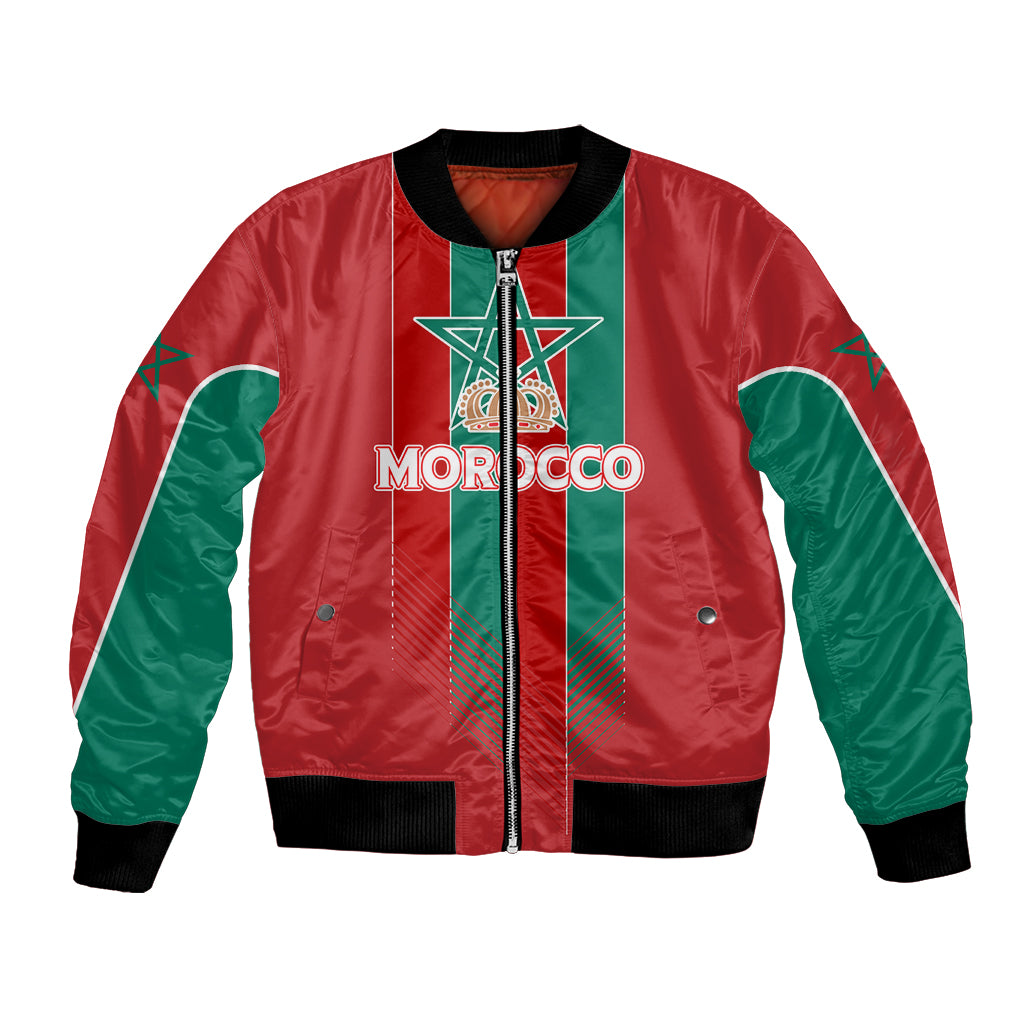 Red bomber jacket with green sleeves, front zip, Moroccan emblem and 'MOROCCO' print