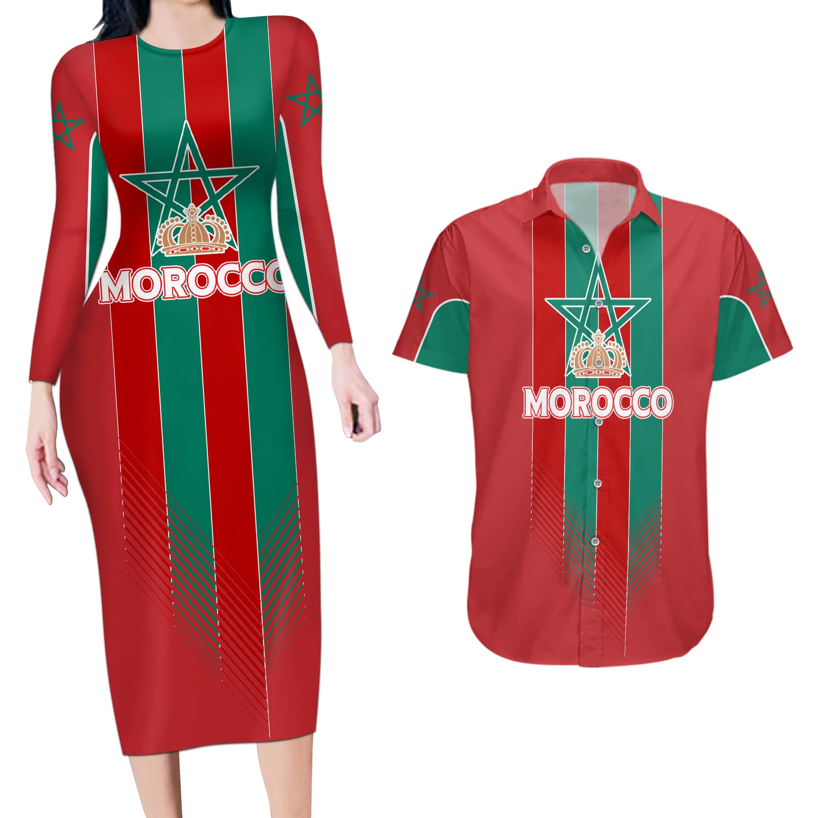 Custom Morocco Football Couples Matching Long Sleeve Bodycon Dress and Hawaiian Shirt Nations Cup 2024 Atlas Lions