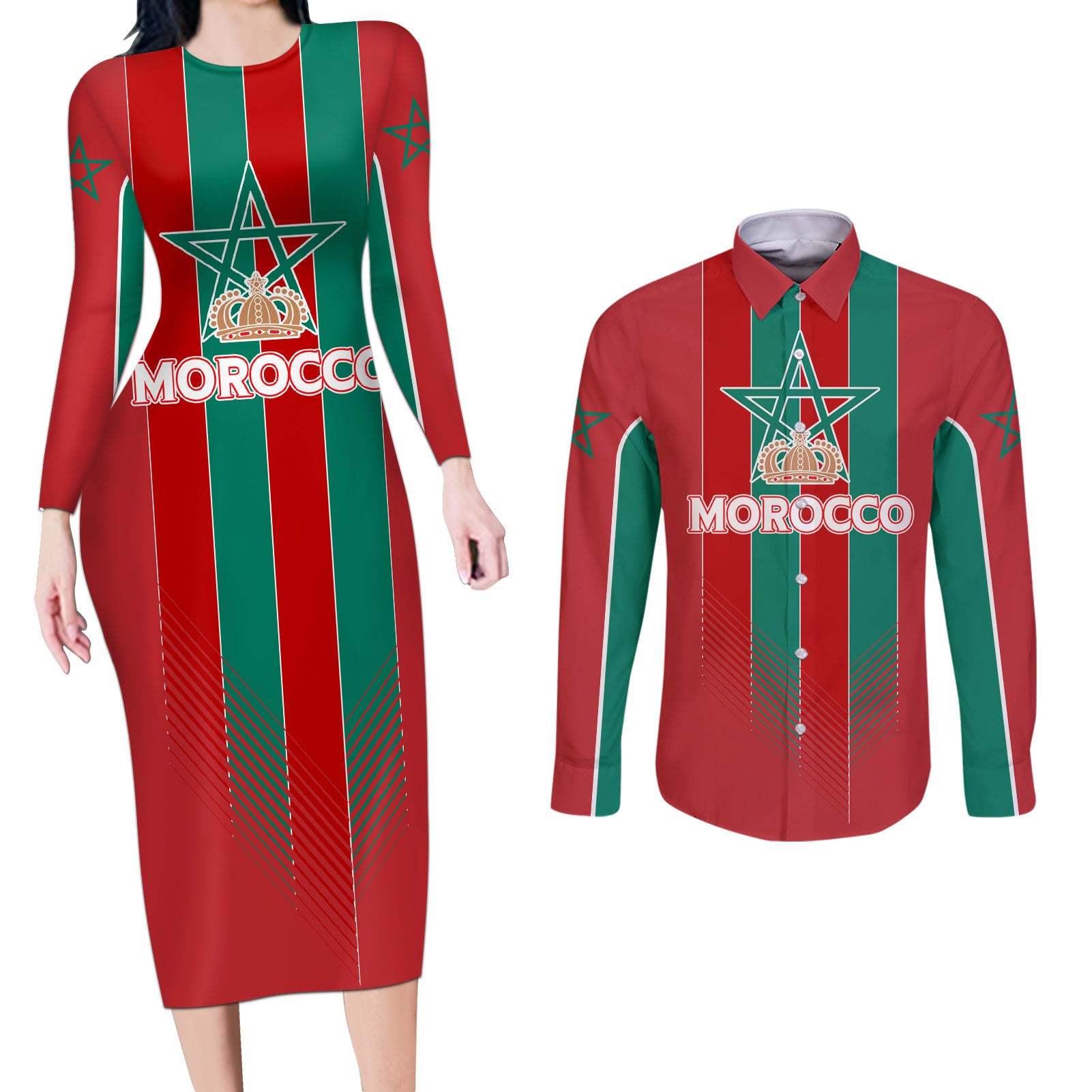 Custom Morocco Football Couples Matching Long Sleeve Bodycon Dress and Long Sleeve Button Shirt Nations Cup 2024 Atlas Lions