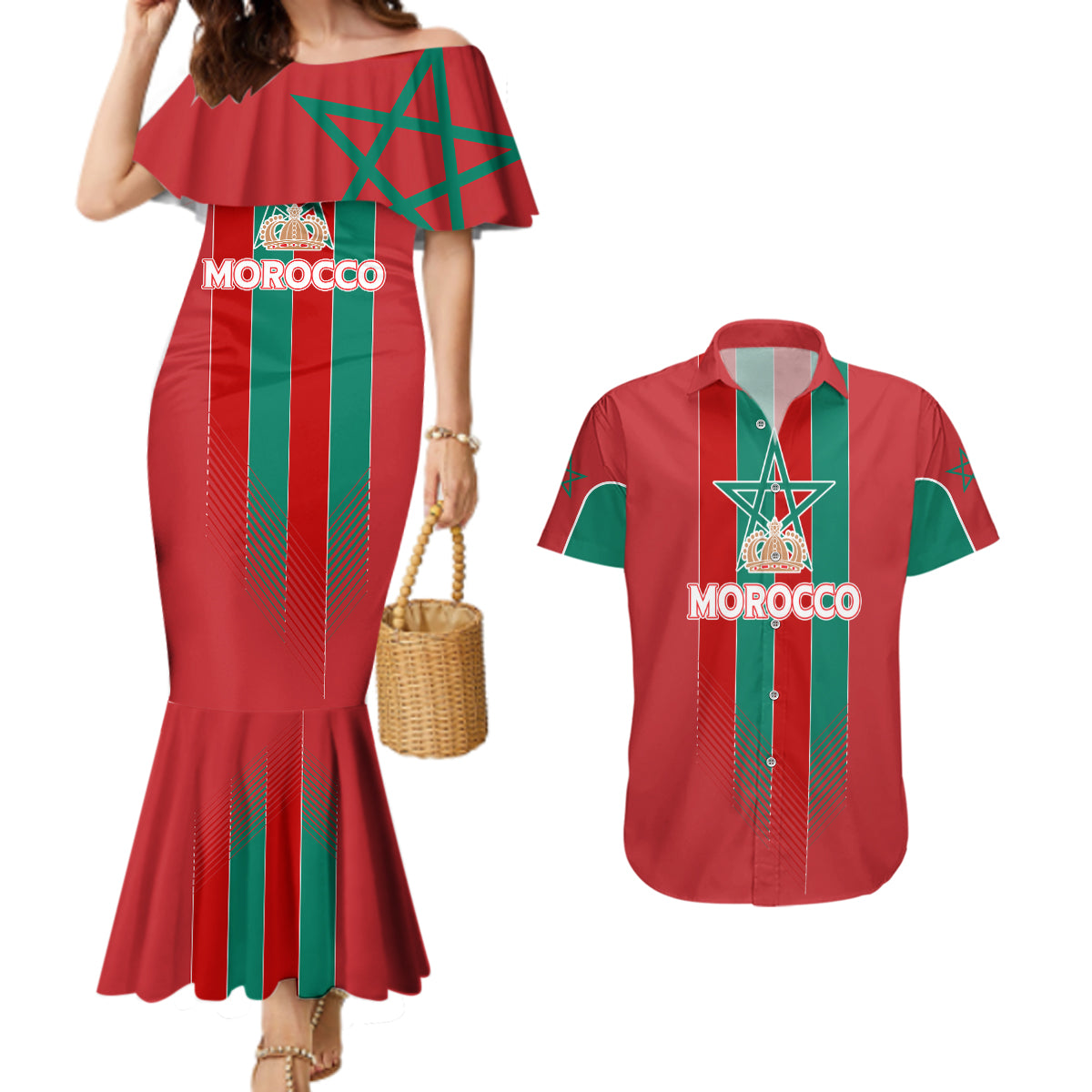 Custom Morocco Football Couples Matching Mermaid Dress and Hawaiian Shirt Nations Cup 2024 Atlas Lions