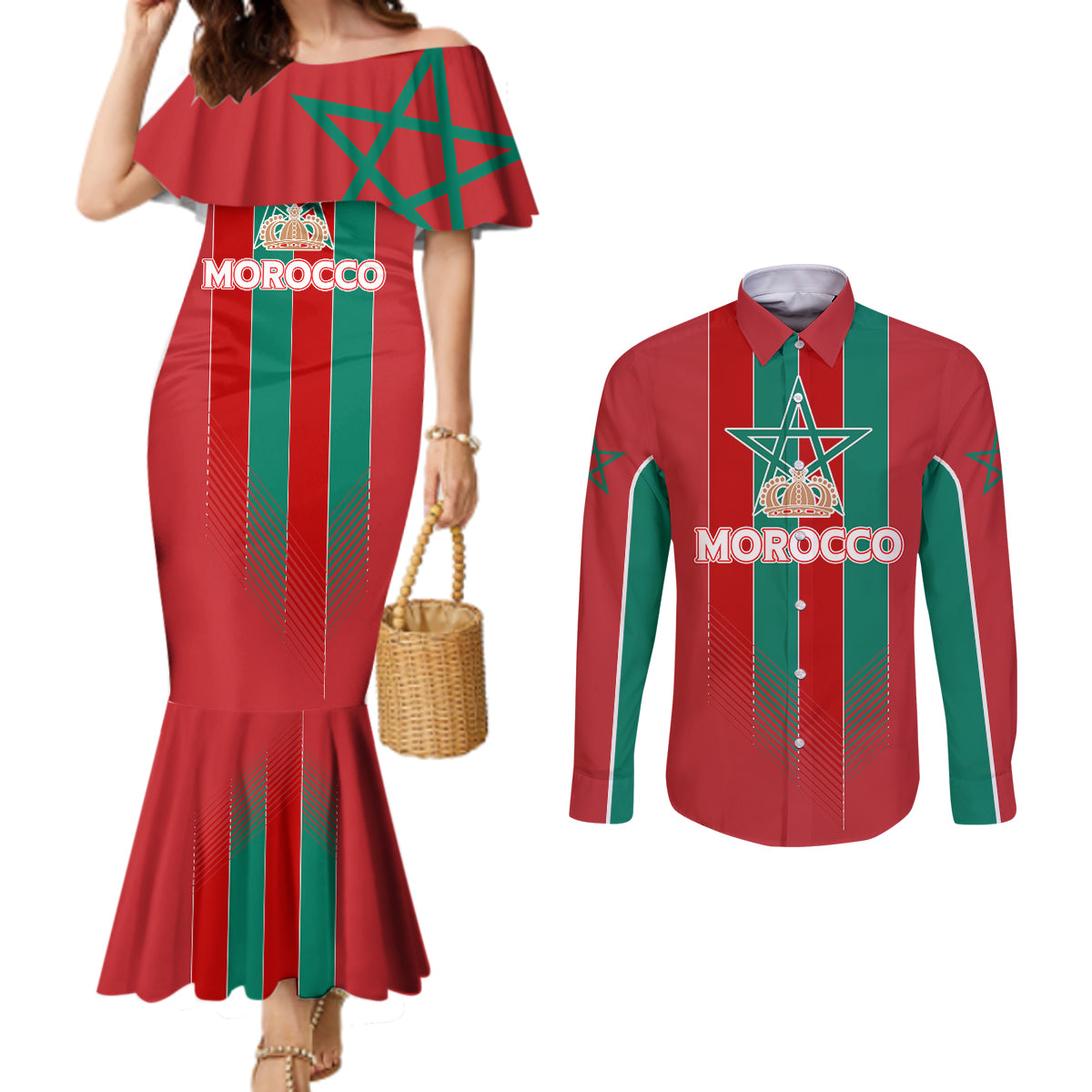 Custom Morocco Football Couples Matching Mermaid Dress and Long Sleeve Button Shirt Nations Cup 2024 Atlas Lions