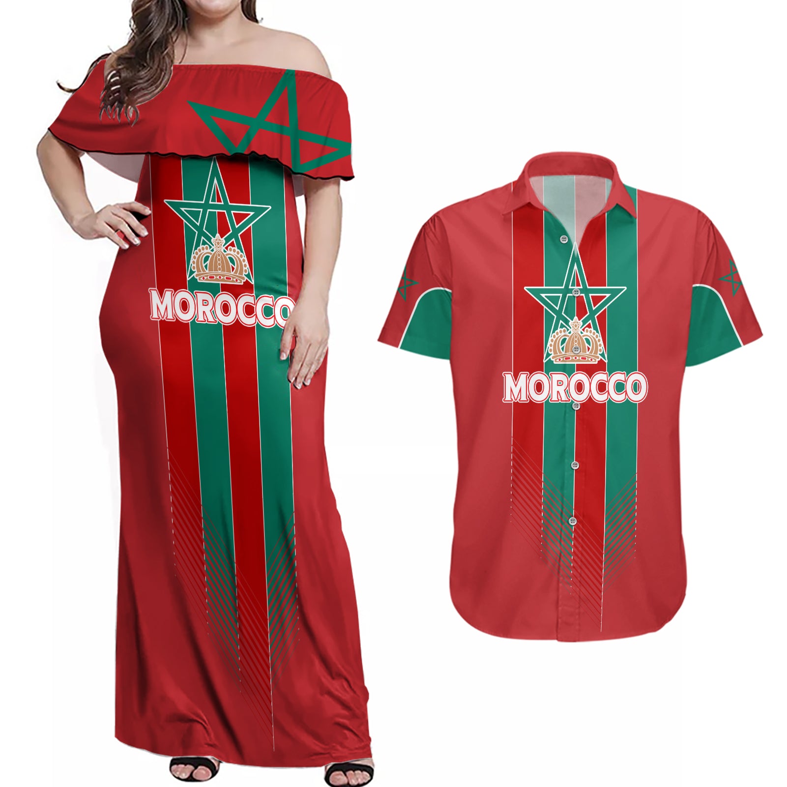 Custom Morocco Football Couples Matching Off Shoulder Maxi Dress and Hawaiian Shirt Nations Cup 2024 Atlas Lions