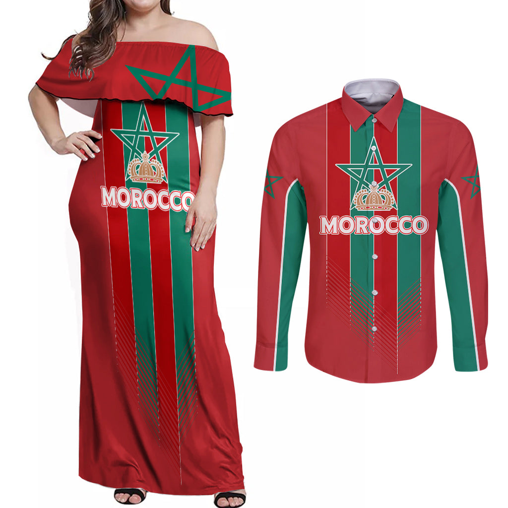 Custom Morocco Football Couples Matching Off Shoulder Maxi Dress and Long Sleeve Button Shirt Nations Cup 2024 Atlas Lions