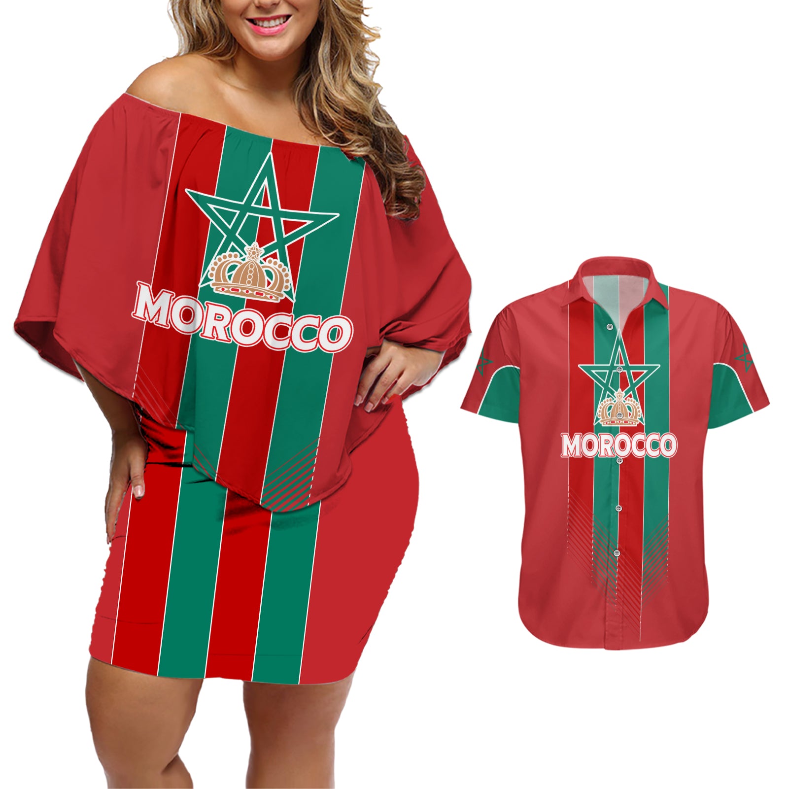 Custom Morocco Football Couples Matching Off Shoulder Short Dress and Hawaiian Shirt Nations Cup 2024 Atlas Lions