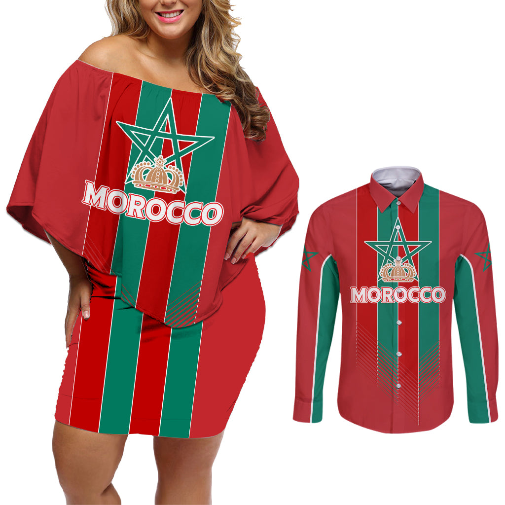 Custom Morocco Football Couples Matching Off Shoulder Short Dress and Long Sleeve Button Shirt Nations Cup 2024 Atlas Lions