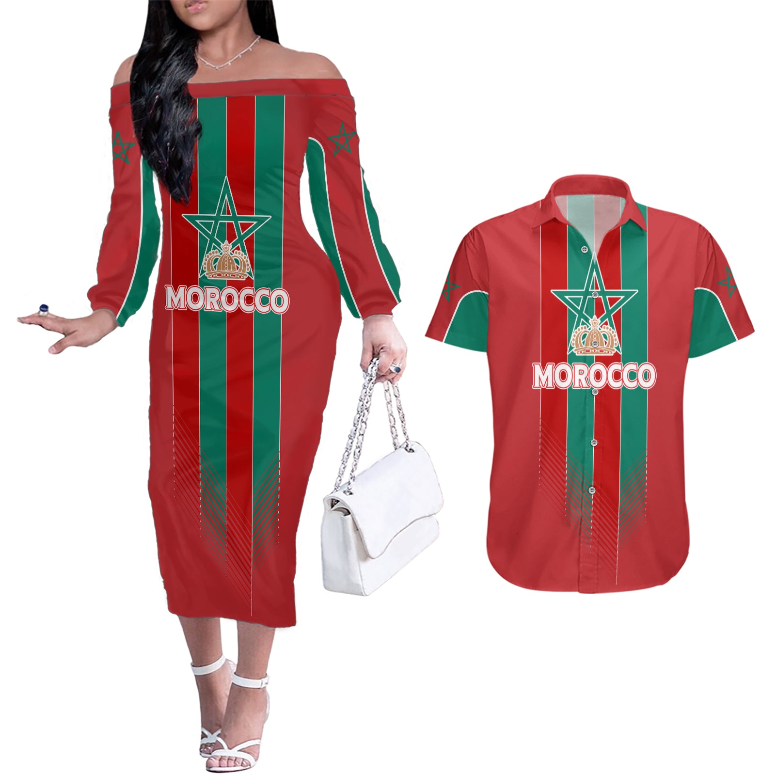 Custom Morocco Football Couples Matching Off The Shoulder Long Sleeve Dress and Hawaiian Shirt Nations Cup 2024 Atlas Lions