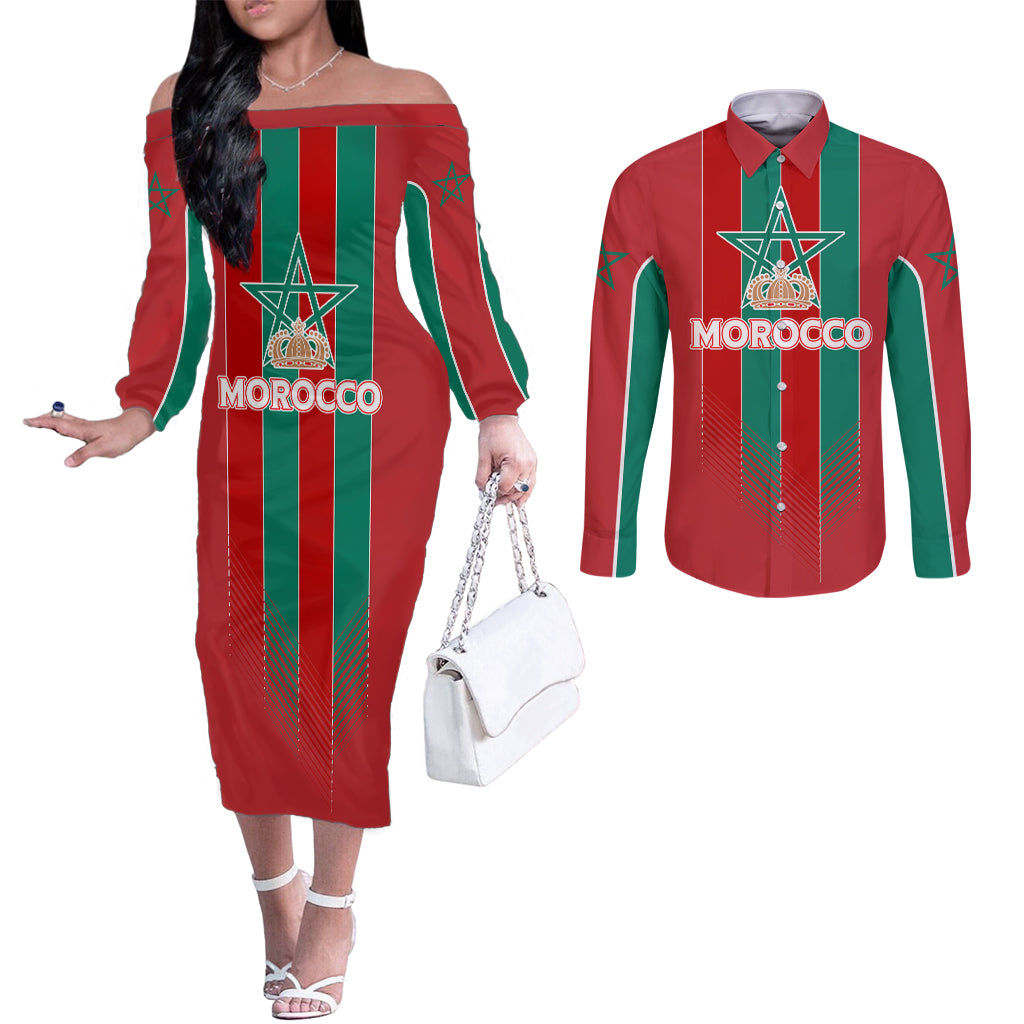 Custom Morocco Football Couples Matching Off The Shoulder Long Sleeve Dress and Long Sleeve Button Shirt Nations Cup 2024 Atlas Lions