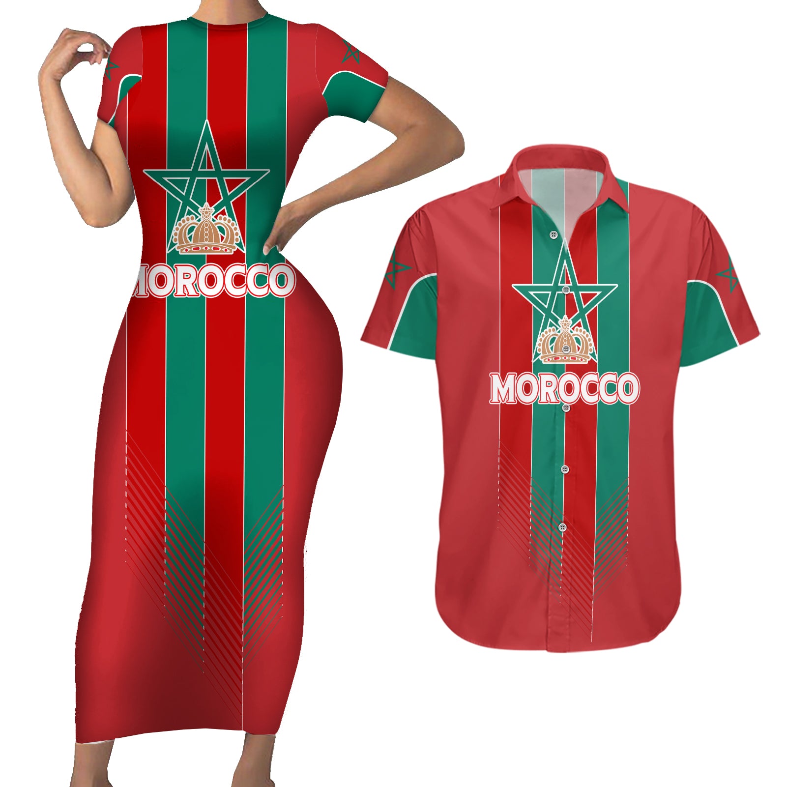 Custom Morocco Football Couples Matching Short Sleeve Bodycon Dress and Hawaiian Shirt Nations Cup 2024 Atlas Lions