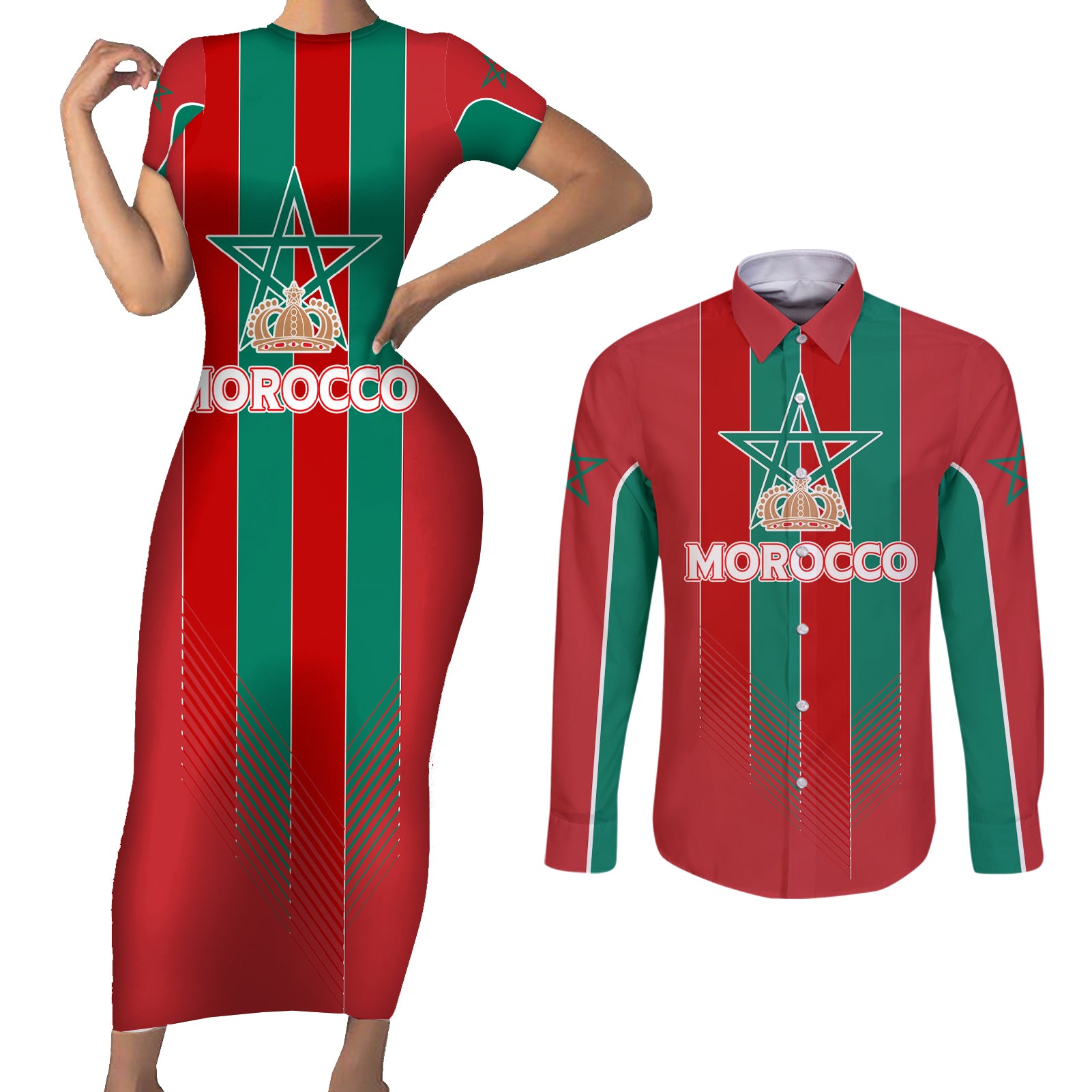 Custom Morocco Football Couples Matching Short Sleeve Bodycon Dress and Long Sleeve Button Shirt Nations Cup 2024 Atlas Lions